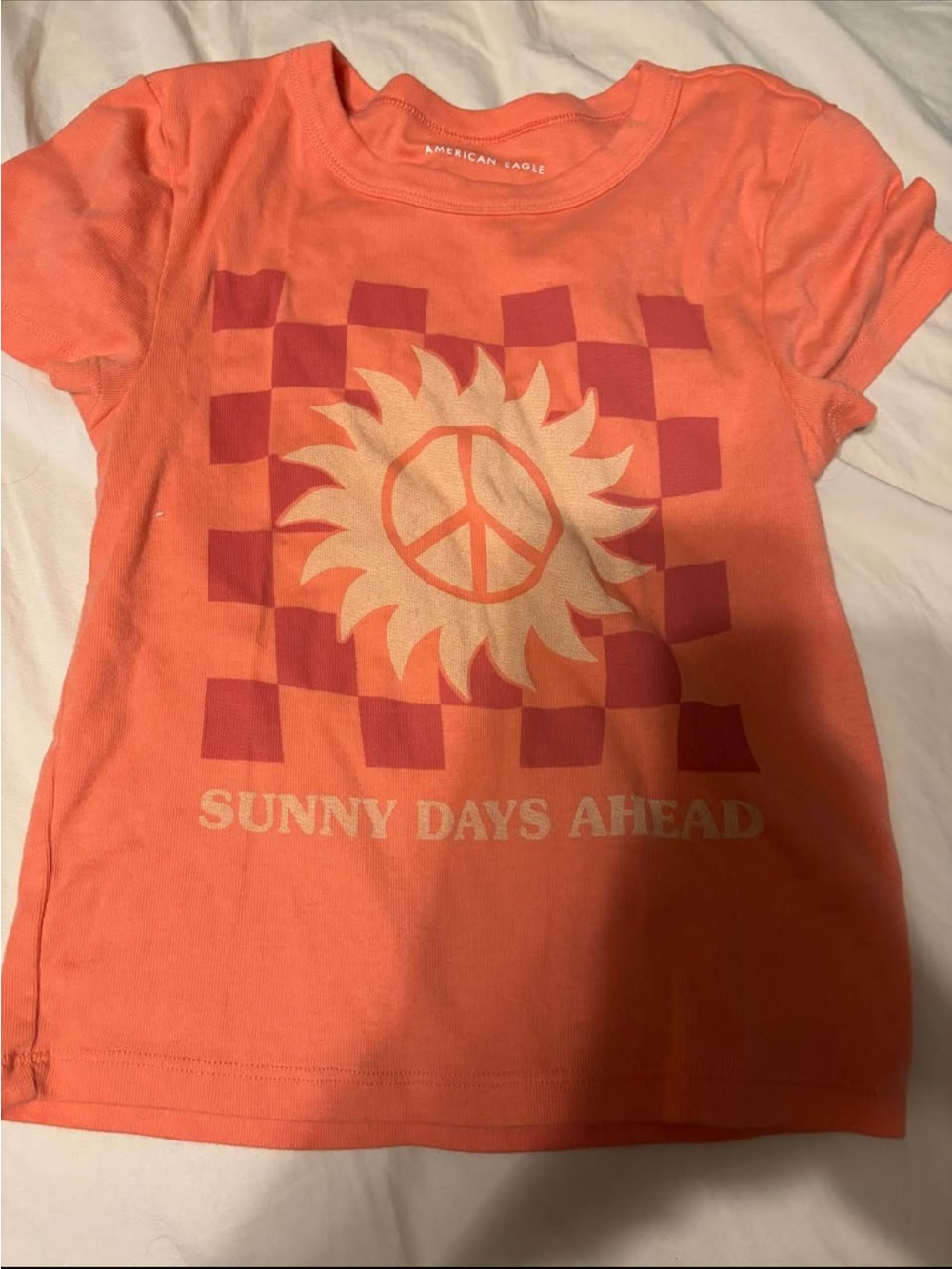American Eagle Outfitters Coral Graphic Tee with Sunshine Peace Design